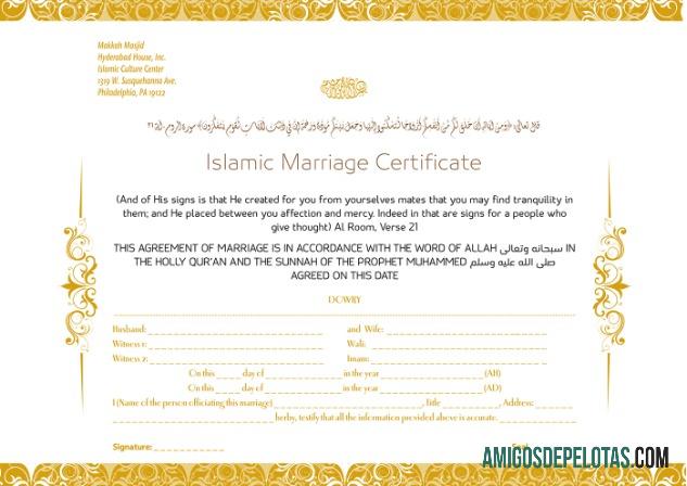 Certidão de Casamento Islâmico do Centro de Cultura Islâmica da Pensilvânia exemplo